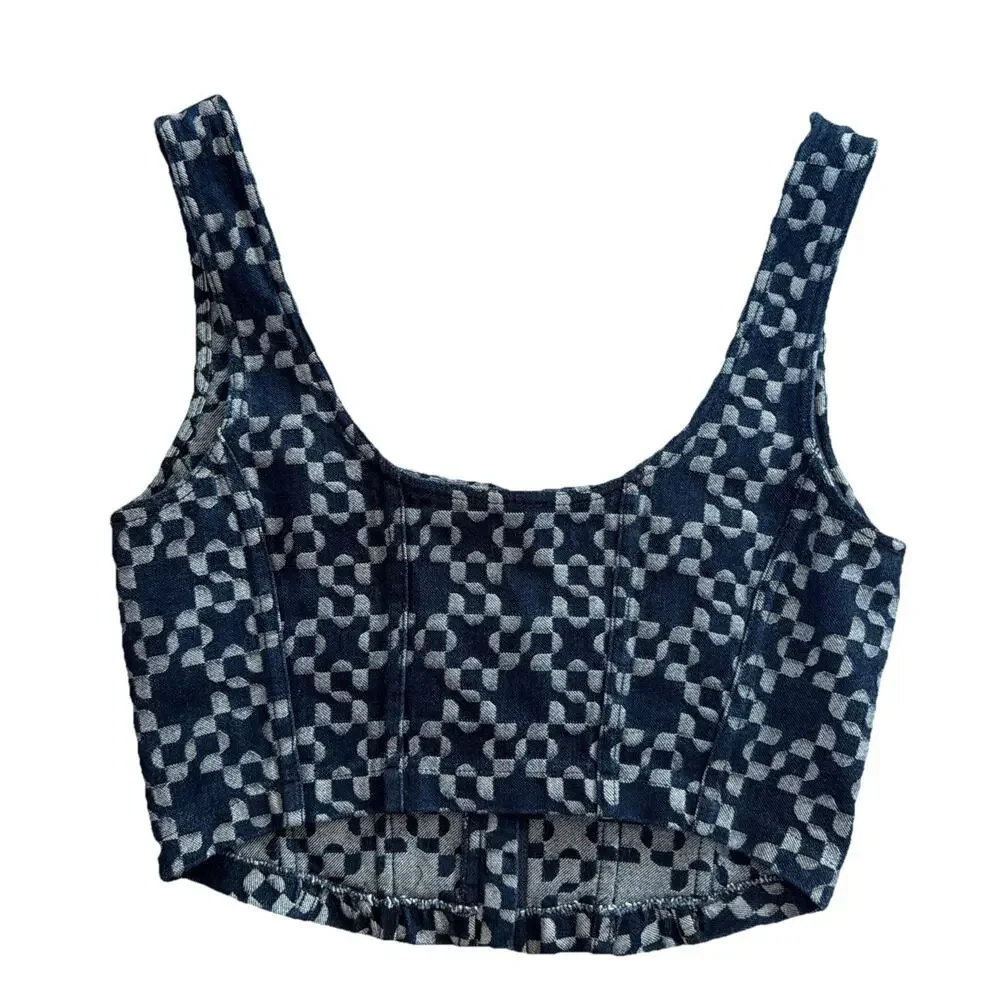 NWT Simkhai Krista Denim Corset Top Womens 6 Zip Front Structured Blue Bustier